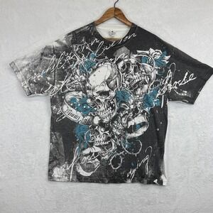 Skull Graphic Shirt Mens XL Black White Blue All Over Print‎ Alstyle Tee